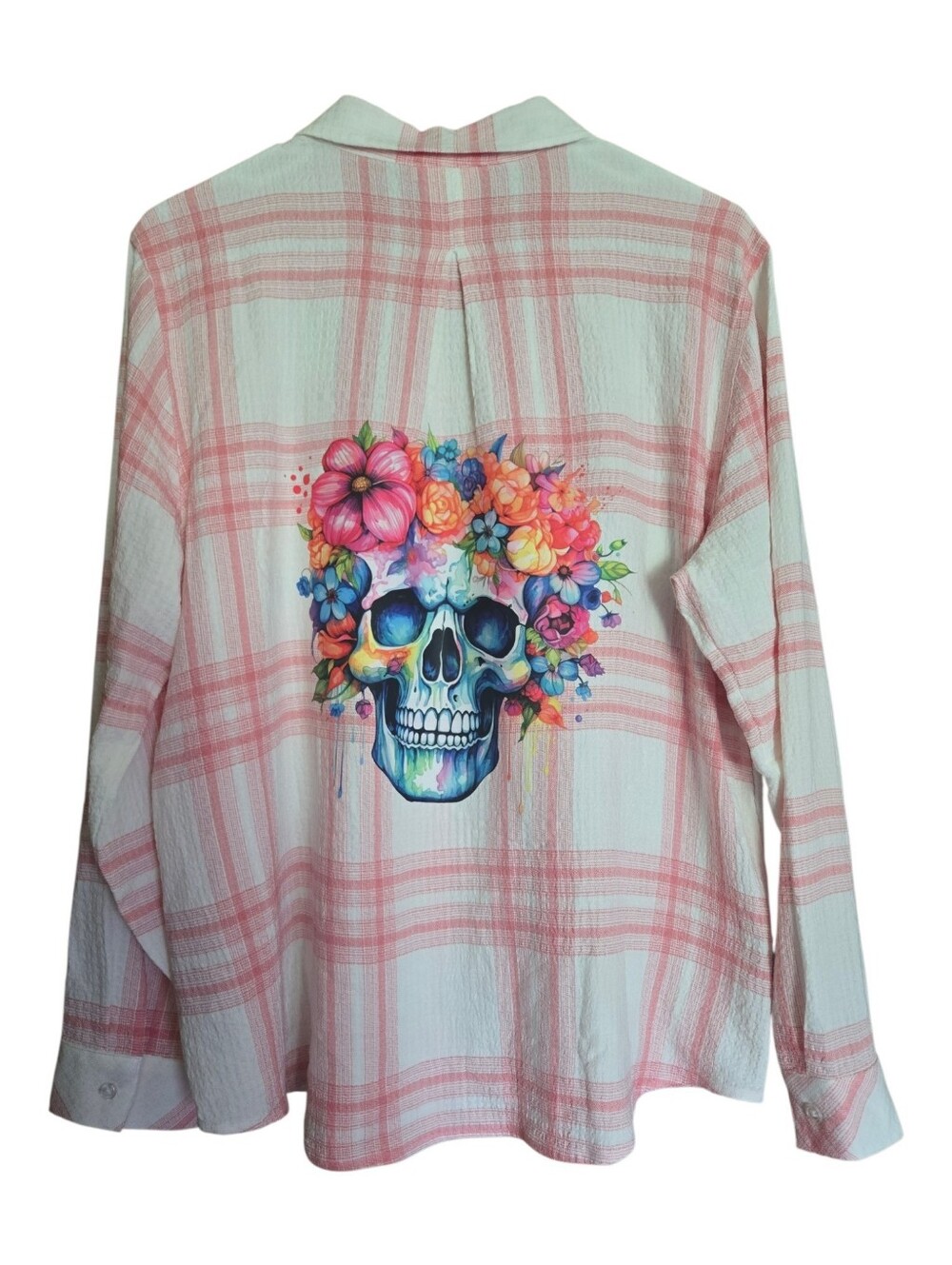 Upcycled Floral Skull Plaid Long Sleeve Shirt – Boho Art Apparel. LS01 - Picture 6 of 8